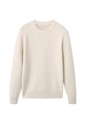 Suéter de punto texturizado color crema con escote redondo, mangas largas y puños y dobladillo acanalados, que presenta un patrón sutil en toda su superficie.