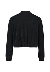 Giacca nera cropped con maniche lunghe, realizzata in un tessuto testurizzato e brillante, con orlo elasticizzato. Collo rotondo semplice senza chiusure.