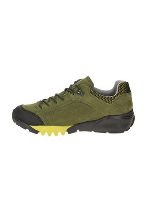 Olive green hiking shoe with black toe cap, yellow and black sole, lace-up design, and padded gray and yellow mesh ankle collar.