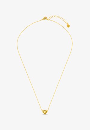 Collana d'oro con una catena delicata e un ciondolo a forma di cuore lucido, dotata di una chiusura sicura e una catena con lunghezza regolabile.