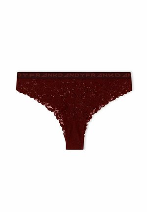 Burgundy lace thong with scalloped edges and a branded elastic waistband featuring the text "FRANK DANDY" in dark red.