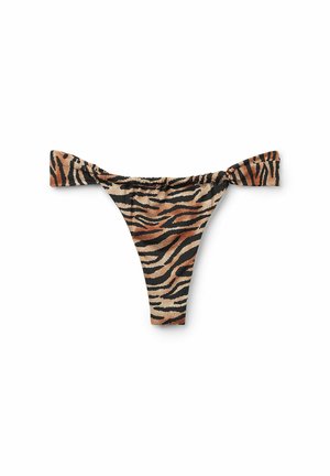 Bikinové kalhotky s tygřím potiskem v černé, oranžové a béžové barvě. Mají našitou gumu se šňůrkami po stranách a minimalistický design, který poskytuje minimální zakrytí.