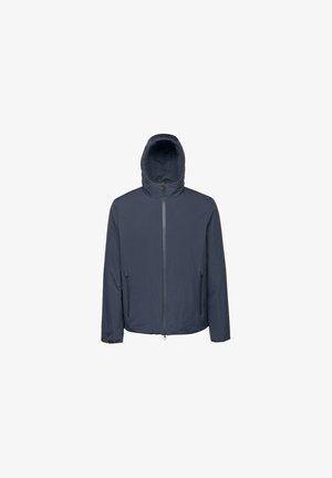 Giacca con cappuccio blu navy realizzata in materiale leggero, dotata di una zip frontale e due tasche laterali con chiusura a zip.