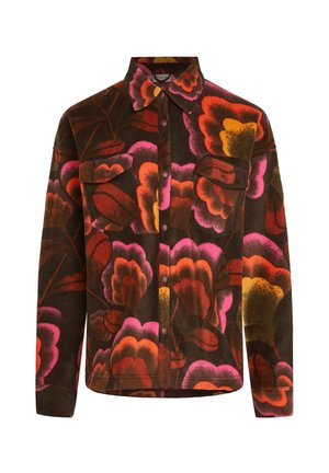 Brown fleece shirt with vibrant floral pattern in pink, orange, and yellow. Features a collared neck, two chest pockets, and button closures.