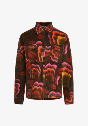 Brown fleece shirt with vibrant floral pattern in pink, orange, and yellow. Features a collared neck, two chest pockets, and button closures.