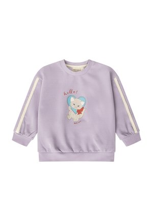 Sweat-shirt lilas à manches longues avec des rayures crème sur les manches et une illustration de chaton tenant un cœur bleu, avec le mot "hello!" au-dessus.
