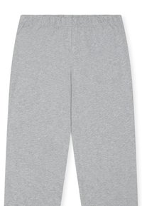 Graue Hosen aus weichem Textil, mit elastischem Bund und einem schlichten, geraden Beinchenschnitt ohne Taschen oder Muster.