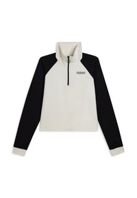 Sudadera corta en crema y negro, con cuello alto y cremallera frontal. Logotipo "FREDDY?" en plateado en el pecho, con mangas largas.