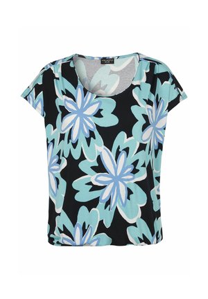 Haut noir à manches courtes avec un grand motif floral bleu clair et blanc, col rond et coupe décontractée.