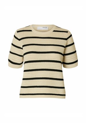 Top in maglia con maniche corte, caratterizzato da una base crema con strisce nere alternate. Tessuto testurizzato con scollatura rotonda.