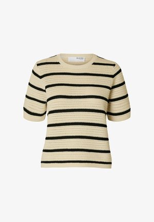Knit top with short sleeves, featuring a cream base and alternating black stripes. Textured fabric with a round neckline.
