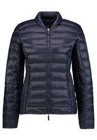Marineblaue Steppjacke mit tailliertem Design, gestepptem Textil, hohem Kragen, Frontreißverschluss und Seitentaschen. Hergestellt aus leichtem, glänzendem Material.