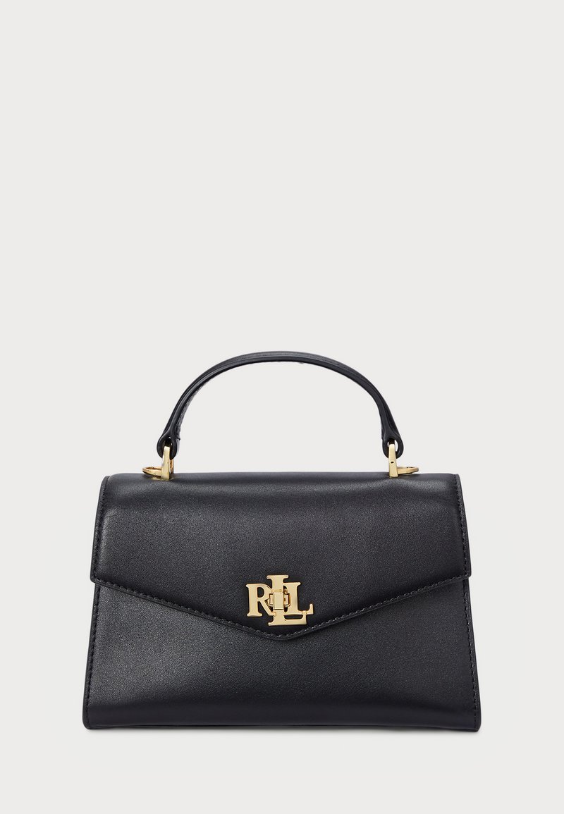 Black leather handbag with a structured design, gold hardware, and a front flap featuring an embossed logo. Compact size with a top handle.