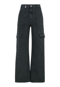 Jean noir taille haute à jambes larges avec poches plaquées à l'avant et poches cargo à rabat des deux côtés.