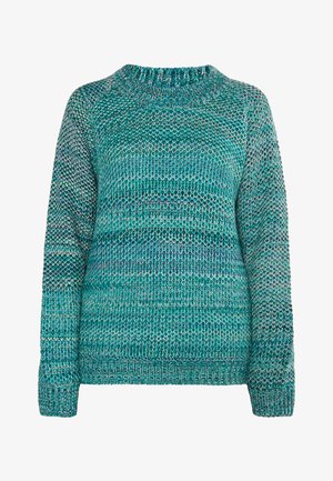 Gebreide trui in teal met een gestructureerd patroon, voorzien van een ronde halslijn en lange mouwen. Zachte mix van vezels met ribgebreide manchetten.