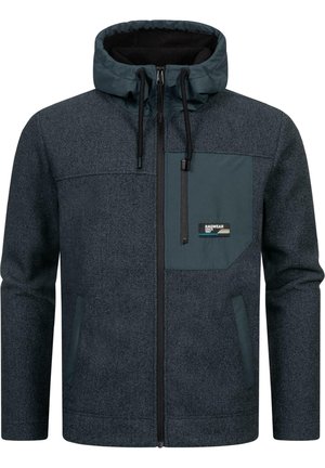 Donkergrijze fleece jas met een capuchon, voorzien van een contrasterende teal zak, ritssluiting en elastische manchetten voor een goede pasvorm.