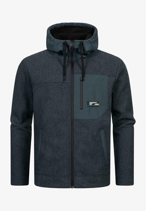 Dunkelgraue Fleecejacke mit Kapuze, die über eine kontrastierende tealfarbene Tasche, einen Reißverschluss und elastische Bündchen für einen engen Sitz verfügt.