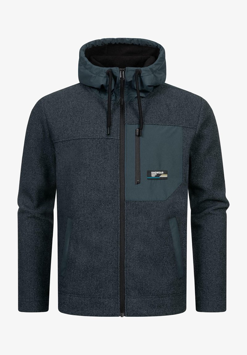 Dark gray fleece jacket with a hood, featuring a contrasting teal pocket, zipper closure, and elastic cuffs for a snug fit.