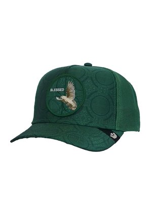 Dark green mesh-back cap with "BLESSED" text and embroidered flying eagle on front panel with subtle circular embossed pattern.