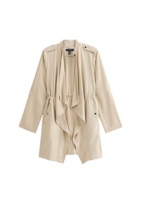 Giacca leggera beige con frontale drappeggiato, maniche lunghe e dettagli con bottoni sulle spalle. Texture liscia e design casual adatto per essere indossato a strati.