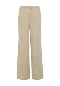 Pantalons en coton beige à jambes larges avec une texture lisse, présentant une fermeture à bouton, des passants de ceinture et des détails de couture verticale pour le design.