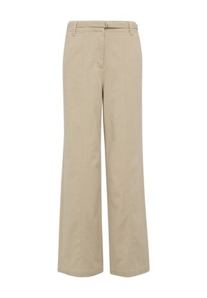 Pantaloni beige in cotone a gamba larga con una consistenza liscia, dotati di chiusura con bottone, passanti per cintura e dettagli delle cuciture verticali per il design.