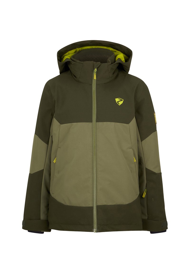 Grüne Jacke mit Reißverschluss vorne, Kapuze und kontrastierenden helleren Einsätzen. Verfügt über mehrere Reißverschlüsse und ein Logo auf der Brust. Glatte Textur.