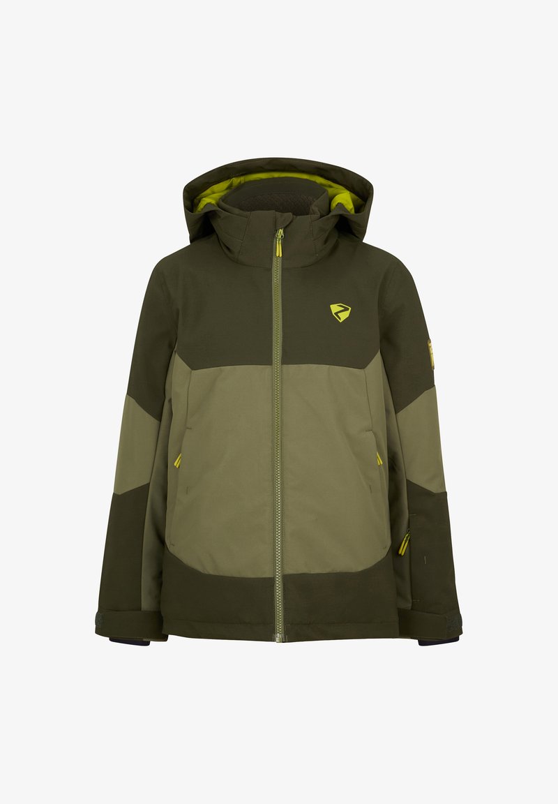 Grüne Jacke mit Reißverschluss vorne, Kapuze und kontrastierenden helleren Einsätzen. Verfügt über mehrere Reißverschlüsse und ein Logo auf der Brust. Glatte Textur.