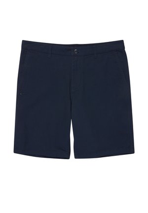 Granatowe szorty wykonane z lekkiego materiału, z zapięciem na guzik z przodu, bocznymi kieszeniami i małym logo na lewej nodze.