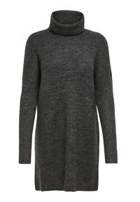 Pull à col roulé gris en tissu tricoté épais et texturé. Il possède des manches longues et une coupe décontractée avec des fentes latérales en bas.