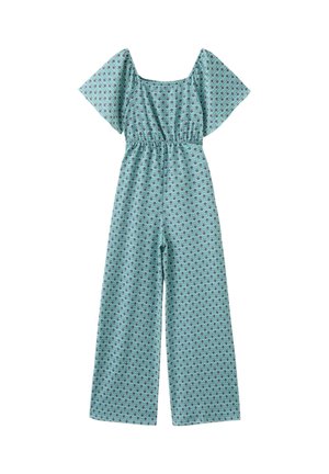Lichtblauwe jumpsuit met wijde pijpen, korte mouwen en een klein donker bloemmotief, elastische taille en vierkante halslijn.