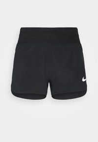 Pantalones cortos deportivos negros hechos de tela ligera, con una cinturilla ancha y un pequeño logo blanco de Nike en el lado inferior derecho.