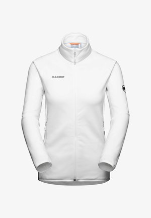 Biała kurtka z polaru z pełnym zamkiem błyskawicznym, wysokim kołnierzem, zapinanymi na zamek kieszeniami bocznymi, logo Mammut na piersi i rękawie, dopasowany krój.