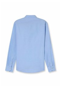 Lichtblauwe blouse met lange mouwen, klassieke kraag, rugplooien en knoopmanchetten. Gemaakt van zacht materiaal met een gladde textuur.