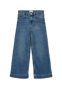Breda denimjeans i mörkblått med en klassisk femficksdesign, knäppning och kontrasterande sömmar längs skarvarna.