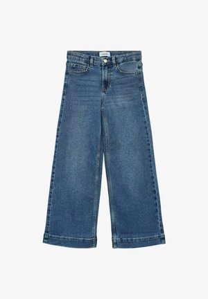 Jean en denim à taille large de couleur bleu foncé, avec un design classique à cinq poches, une fermeture à bouton et des coutures contrastées le long des seams.