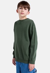 Groene katoenen crewneck sweatshirt met ribgebreide boorden en onderrand. Heeft een textuurrijk patch op de voorkant en een relaxed fit. Gestyled met blauwe jeans.
