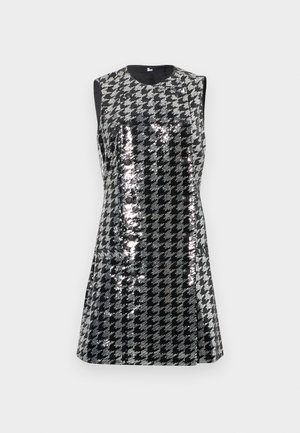 Abito senza maniche con un motivo a chevron nero e argento, caratterizzato da paillettes, scollatura rotonda e una silhouette aderente.
