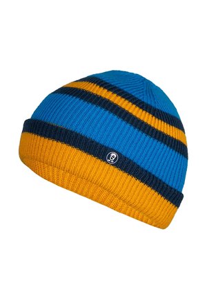 Knitted beanie hat with blue, yellow, and dark blue horizontal stripes and a small round logo on the cuff.