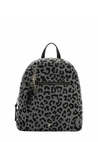 Gray leopard print backpack with black accents, zipper pockets, and a keychain detail. Features fabric-like texture and rounded shape.