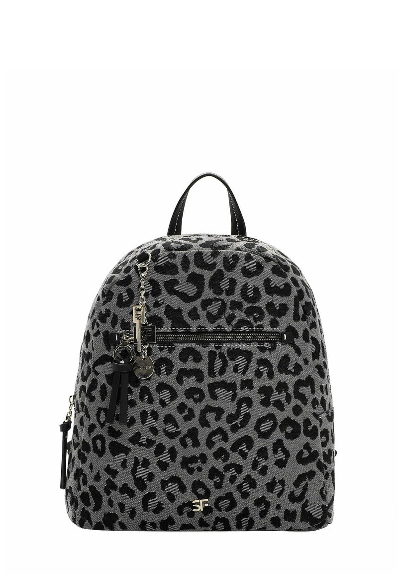 Gray leopard print backpack with black accents, zipper pockets, and a keychain detail. Features fabric-like texture and rounded shape.