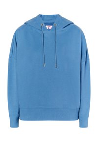 Felpa azzurra chiara con cappuccio, dotata di cordino, maniche larghe e orlo a coste. Realizzata in morbido cotone.