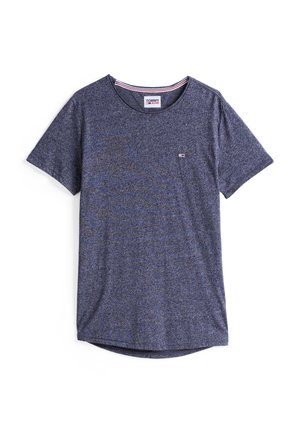 Camiseta de manga corta azul marino hecha de una tela suave con una sutil textura jaspeada; presenta un pequeño logo en el pecho y un escote redondo.