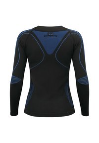 Long-sleeve athletic shirt in black with blue accents, featuring a fitted design, textured panels, and contrasting seam details.