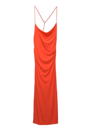 Robe sans manches rouge avec un devant drapé, des bretelles spaghetti ajustables et un détail de fronces subtil sur le côté. Texture de tissu lisse.