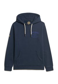 Sudadera azul marino con un bolsillo tipo canguro, capucha con cordón y logo en relieve en púrpura. Tejido suave con mezcla de algodón y puños acanalados.