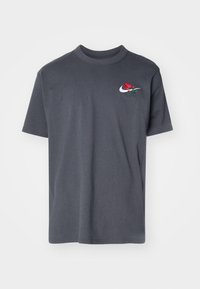 Gray cotton t-shirt featuring a round neckline. Decorated with an embroidered red rose and green leaves alongside a white logo.