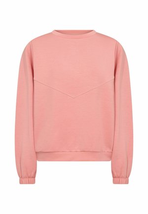Roze sweatshirt met een ronde hals, lange mouwen, elastische manchetten en een decoratieve chevronsteekdetail aan de voorkant. Glad stoffen textuur.
