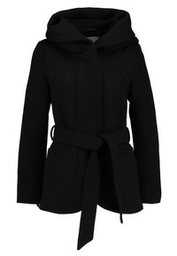 Schwarzer Kapuzenmantel mit tailliertem Gürtel, mit gebogenen Nähten und zwei Fronttaschen. Hergestellt aus glattem Stoff mit einer weichen Textur.