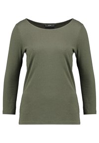 T-shirt verde oliva a maniche lunghe con scollo a cuore e design aderente, realizzato in morbido cotone elastico. Texture liscia.